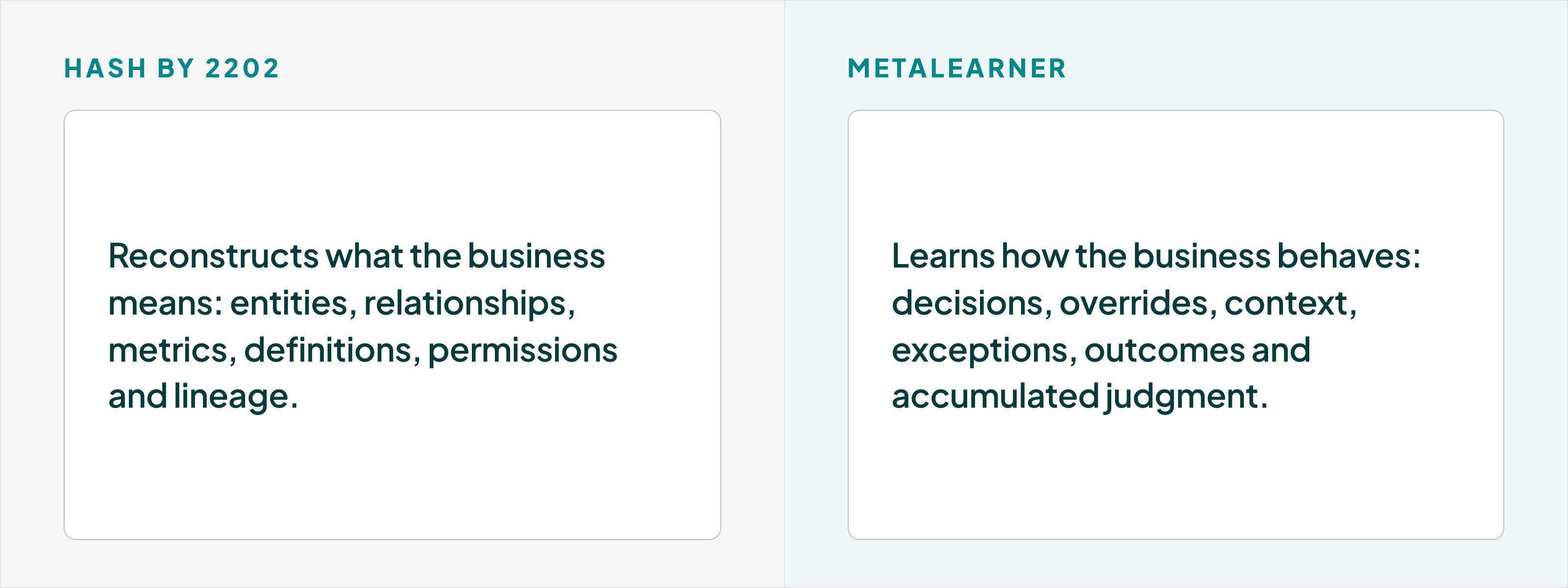 HASH BY 2202: Reconstructs what the business means: entities, relationships, metrics, definitions, permissions and lineage. METALEARNER: Learns how the business behaves: decisions, overrides, context, exceptions, outcomes and accumulated judgment.